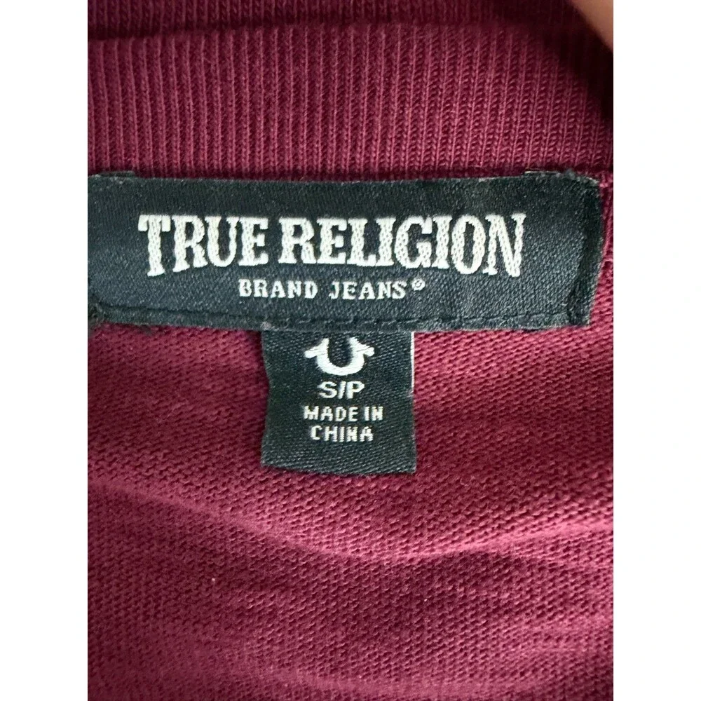 True Religion Men's S Burgundy Henley T Shirt Horseshoe Logo 100% Cotton